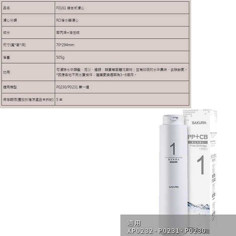 櫻花【F0161】RO淨水器專用複合式濾心(6個月)適用P0230(無安裝)