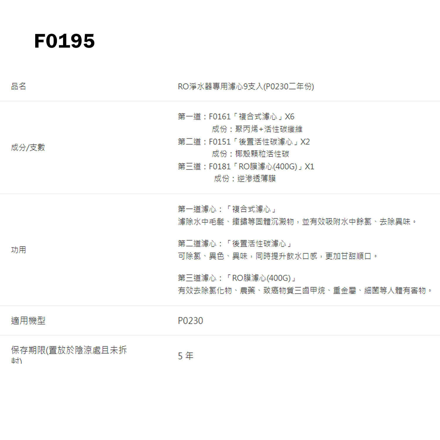 櫻花【F0195】RO淨水器專用濾心9支入(二年份)適用P0230(無安裝)