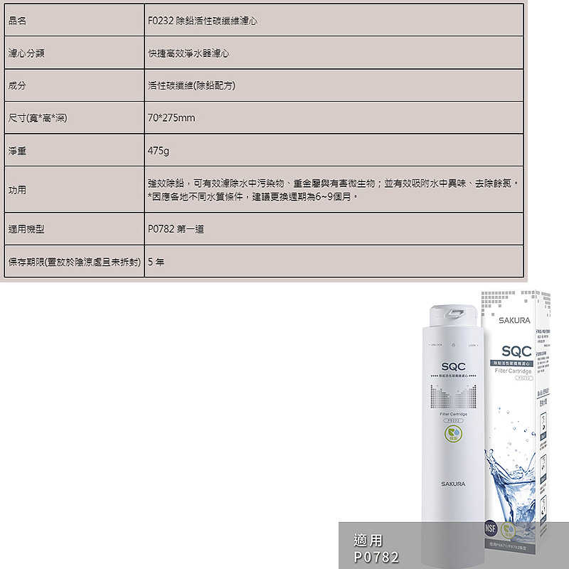 櫻花【F0232】除鉛活性碳纖維濾心適用P0782(無安裝)