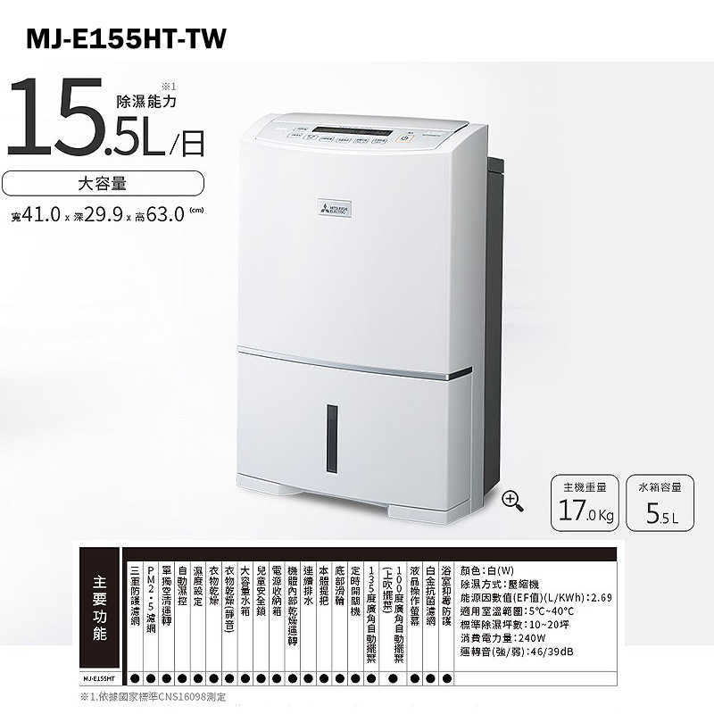 MITSUBISH三菱電機【MJ-E155HT-TW】15.5公升 高效除濕型 一級空氣清淨除濕機同MJ-E155HT