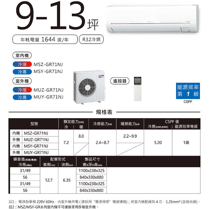 MITSUBISH三菱電機【MSZ-GR71NJ/MUZ-GR71NJ】R32變頻分離式冷氣(冷暖型)(含標準安裝)