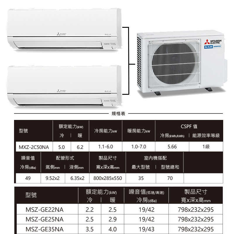 MITSUBISH三菱電機【MXZ-2C50NA/MSZ-GE22NA/MSZ-GE25NA】變頻一對二分離式冷氣(冷暖型)(含標準安裝)