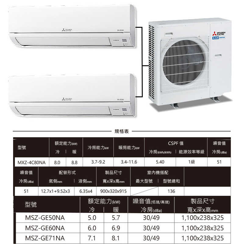 MITSUBISH三菱電機【MXZ-4C80NA+MSZ-GE50NA+MSZ-GE60NA】變頻一對二分離式冷氣(冷暖型)(含標準安裝)