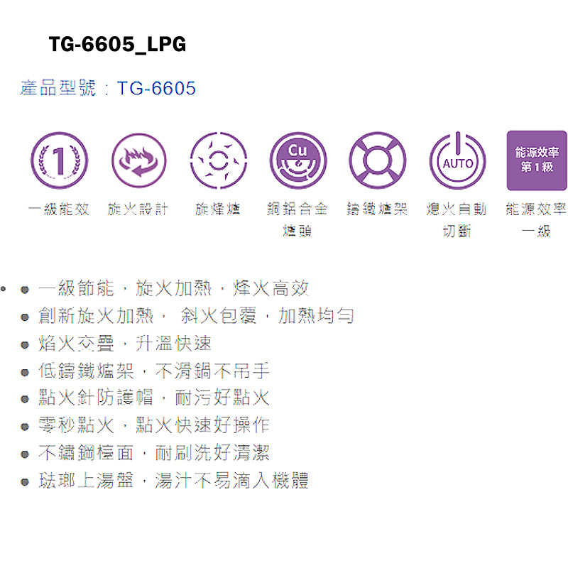 《結帳再折》莊頭北【TG-6605_LPG】一級旋烽爐台爐瓦斯爐-桶裝瓦斯TG-6605(含全台安裝)