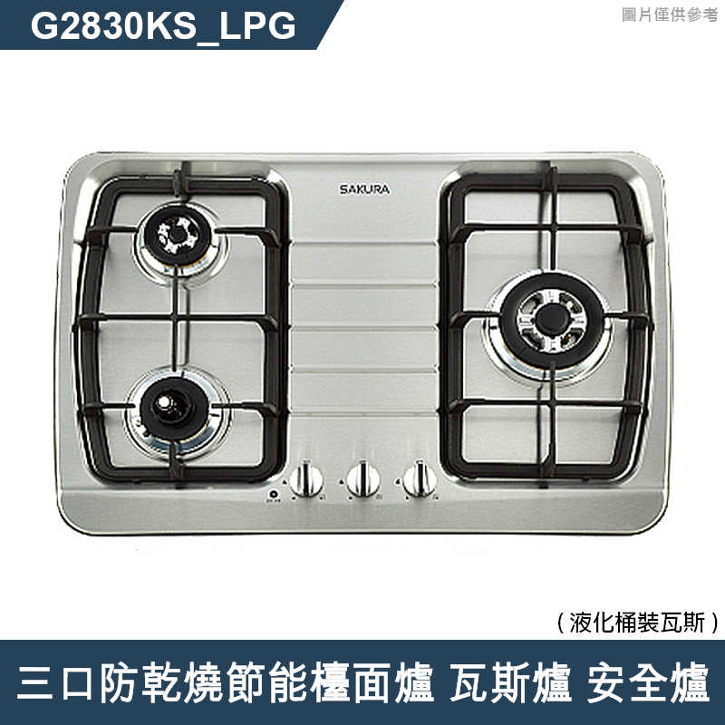 櫻花【G2830KS LPG 】三口防乾燒節能檯面爐 瓦斯爐 安全爐(含全臺安裝)液化瓦斯