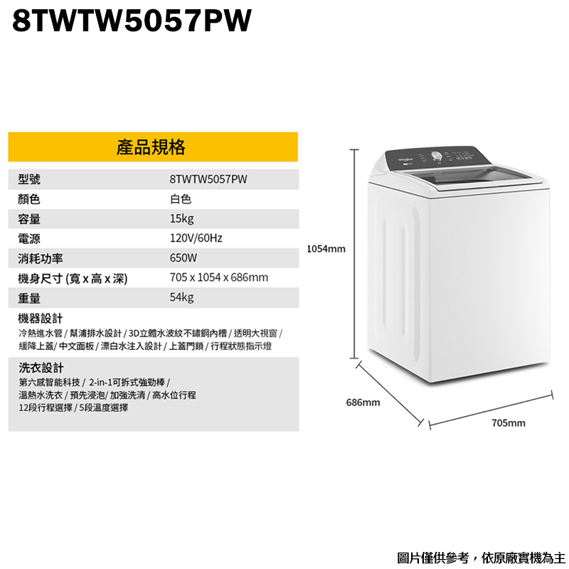 惠而浦【8TWTW5057PW】15公斤 2-in-1 可拆式長棒直立洗衣機(標準安裝)