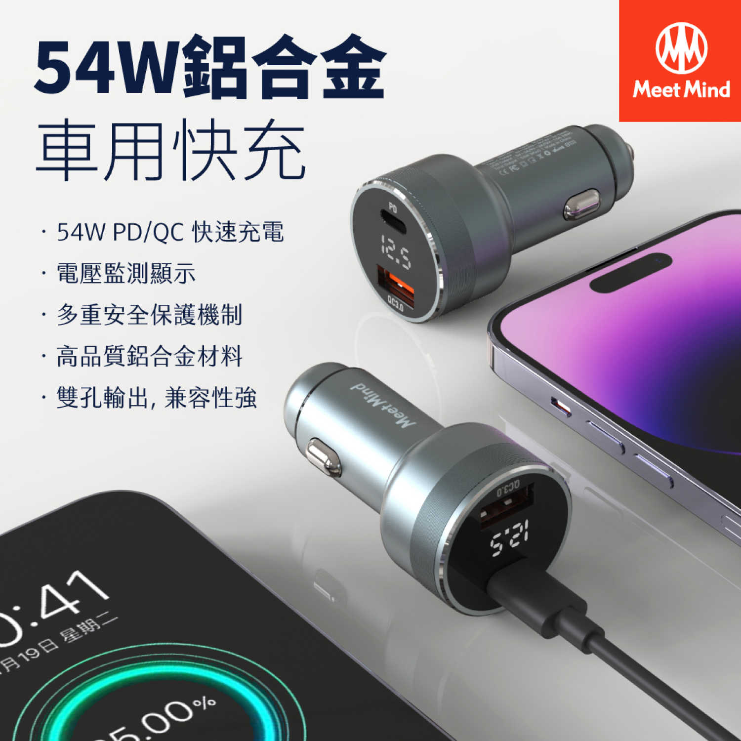 【94號鋪】Meet Mind PD/QC 54W 鋁合金電顯車用快充