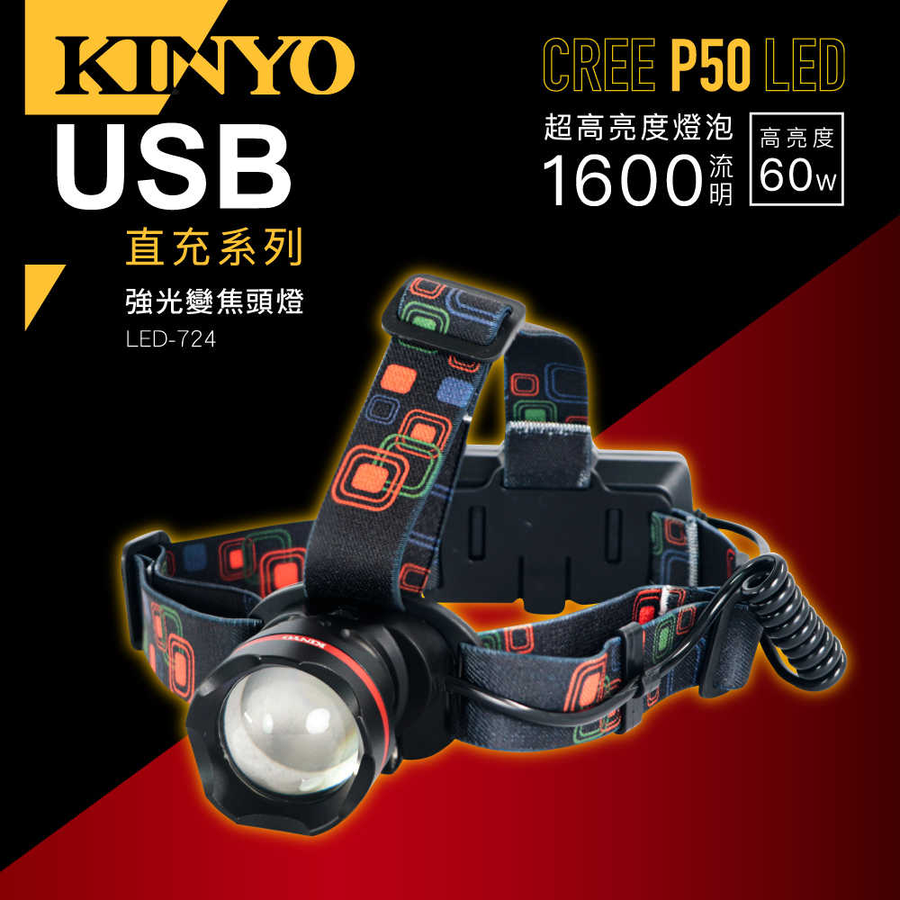 【KINYO】P50強光變焦頭燈 LED-724