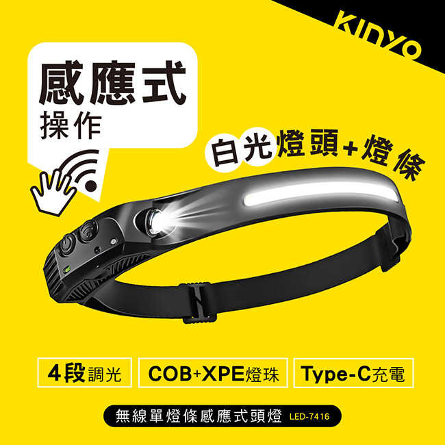 【KINYO】無線單燈條感應式頭燈 LED-7416