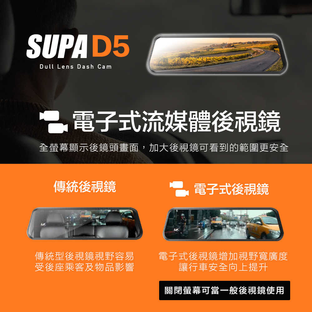 SUPA速霸D5 超大廣角星光級夜視觸控電子流媒體後視鏡行車記錄器