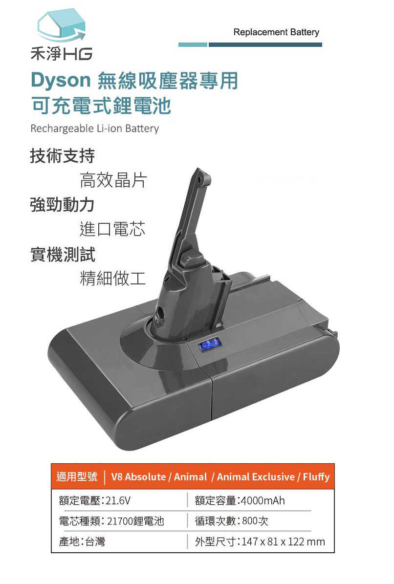 禾淨 Dyson V7 V8 SV10 SV11吸塵器鋰 4000mAh 副廠電池 (贈前置濾網) 台灣製造 保固1年