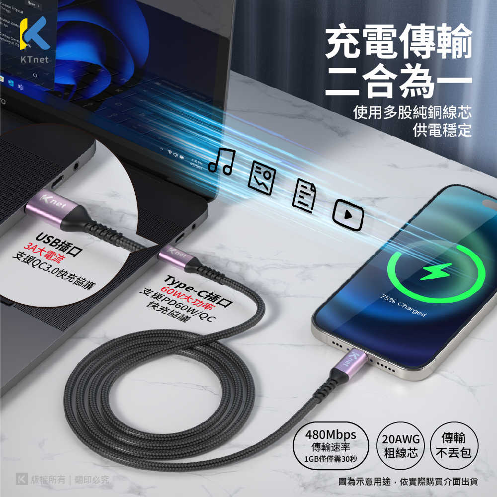 G81系列 USB-C/USB-蘋果Lightning快充傳輸金鋁編織線3A 1.2M
