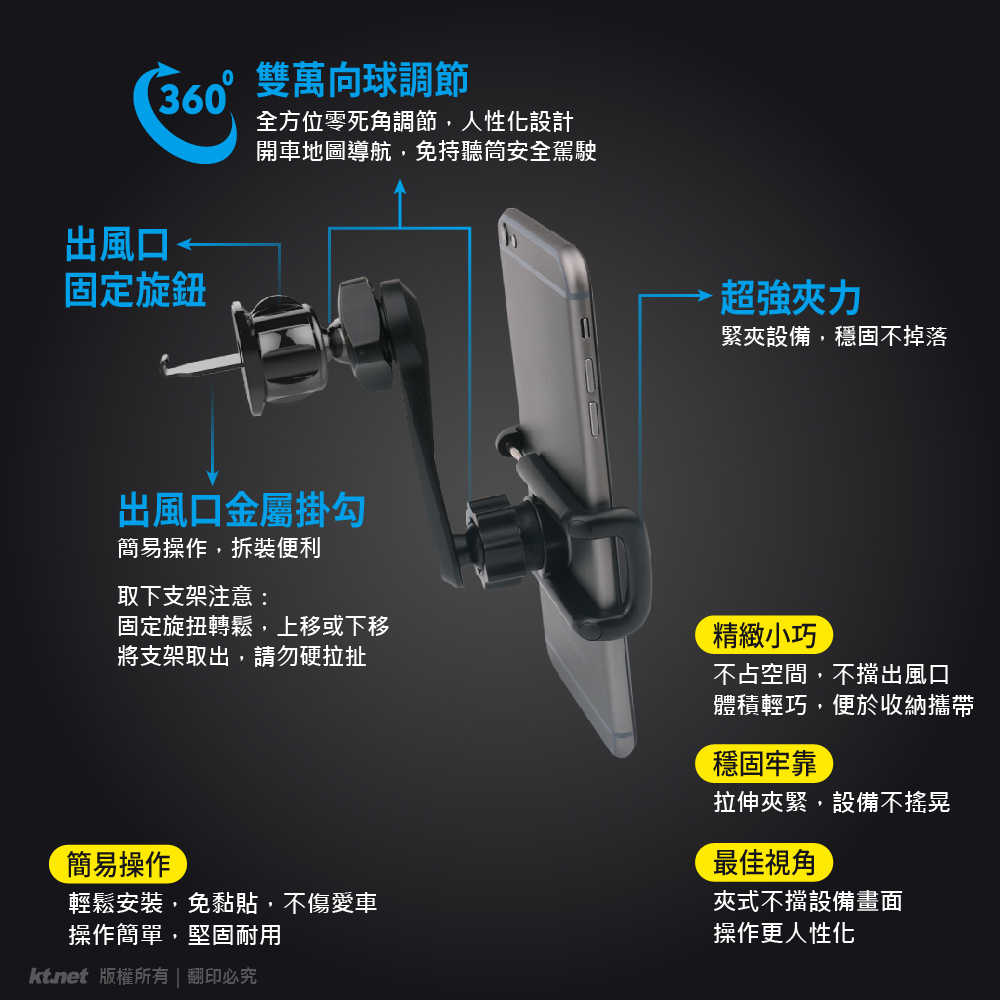 汽車手機支架-ST57汽車出風口夾式雙軸手機支架 勾式固定器