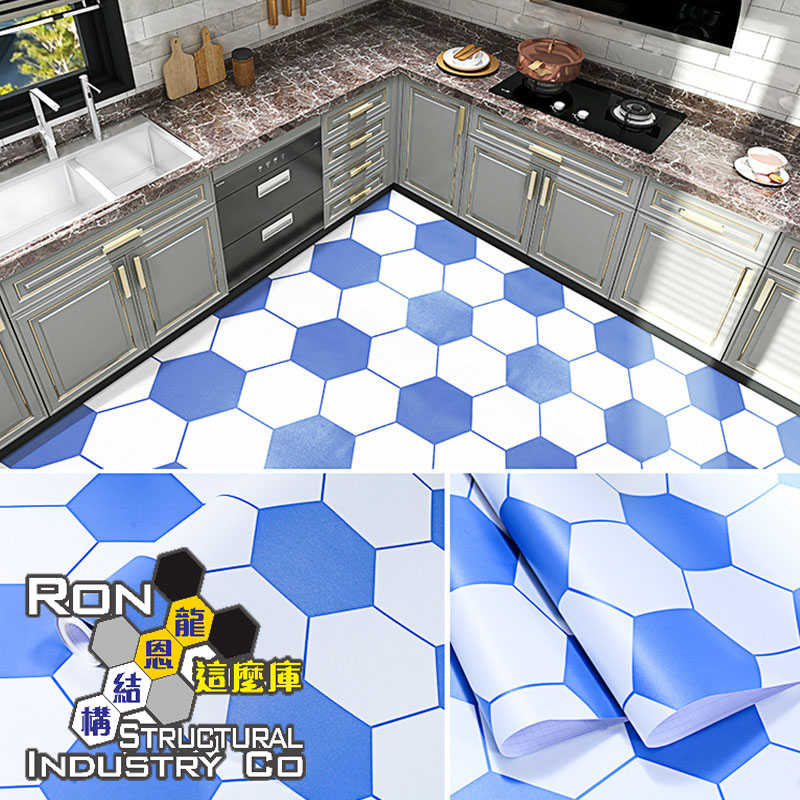 DIY 自黏式地板貼 耐磨 耐刮 防水 60 CM X 100 CM 藍白六角【加厚防水耐磨】