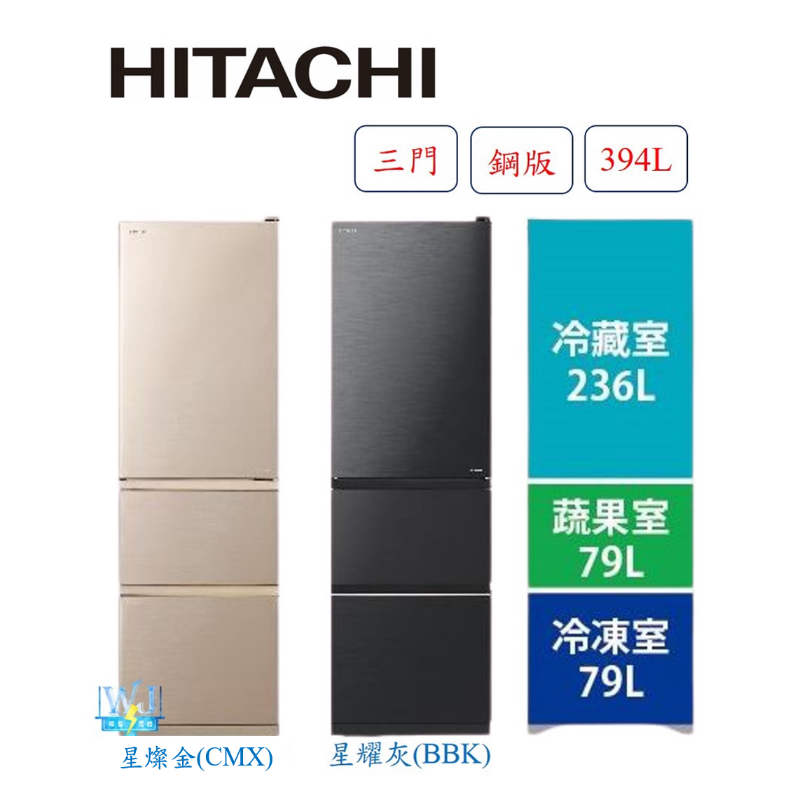 有現貨【獨家折扣碼】HITACHI 日立 RV41C 三門 鋼板 冰箱 1級能源效率 窄版設計 R-V41C