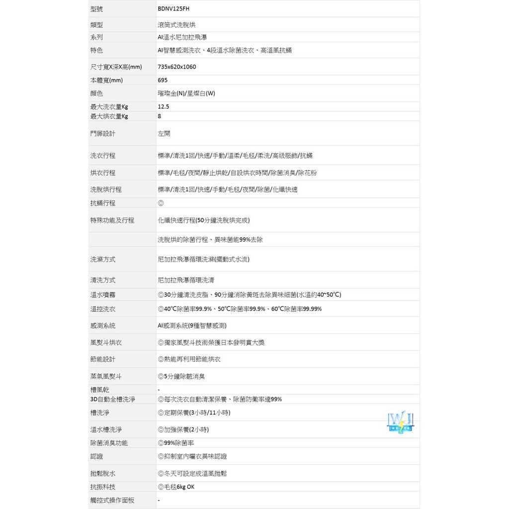 現貨【獨家折扣碼】HITACHI 日立 BDNV125FH 12kg 左開 洗衣機 洗脫烘洗衣機 取代BDNX125BJ