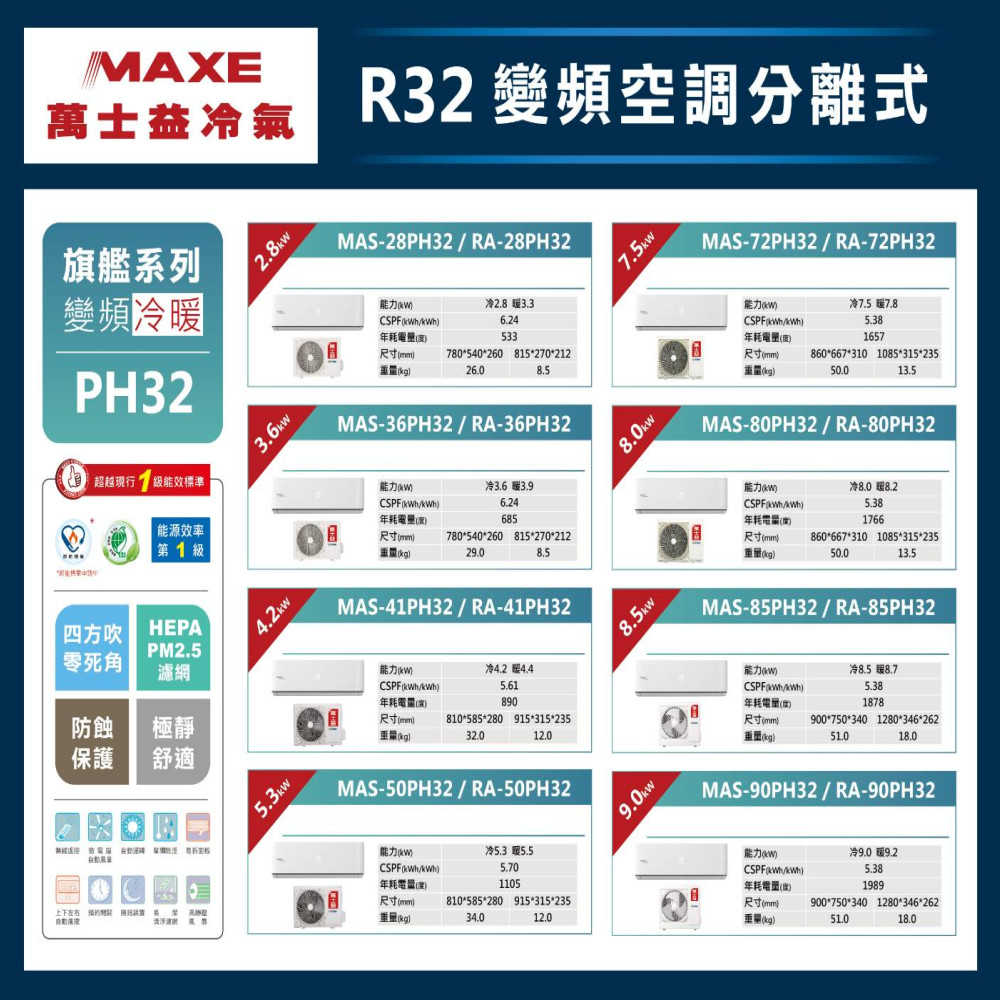萬士益變頻冷暖型分離式冷氣 MAS-72PH32/RA-72PH32(含標準安裝)