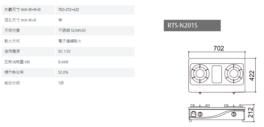 【樂昂客】(全省含安裝) RINNAI 林內 RTS-N201S 台爐式 內焰不銹鋼雙口爐