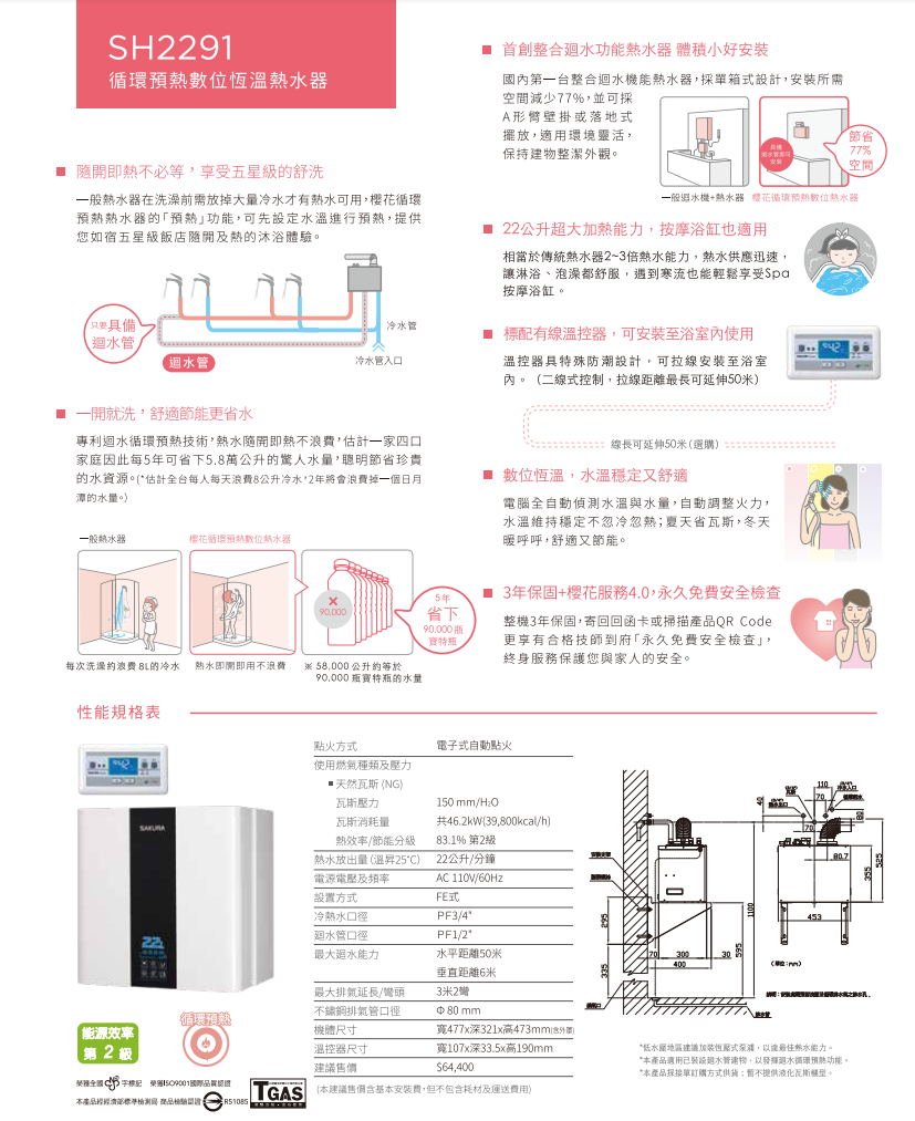 【樂昂客】領券折 可議價(全省含安裝) SAKURA 櫻花 SH2291 22L 循環預熱智能恆溫熱水器 隨開即熱