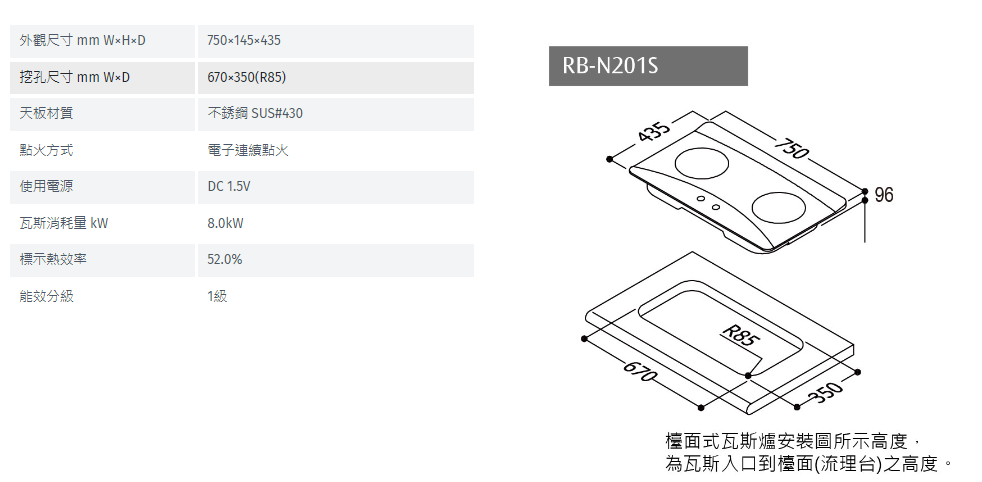 【樂昂客】(全省含安裝) RINNAI 林內 RB-N201S 檯面式 內焰不銹鋼雙口爐 火力集中