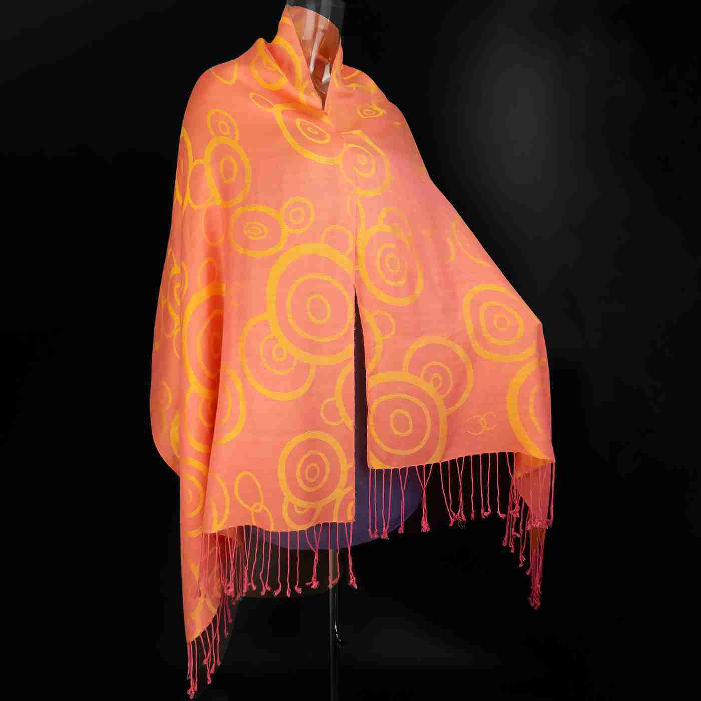 PASHMINA綿羊絨喀什米爾70%Pashmina羊毛橘色漩渦流蘇圍巾