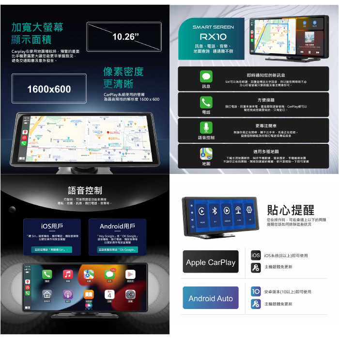 CORAL RX10 車用可攜式10吋無線智慧螢幕 CarPlay Android Auto 手機鏡像螢幕 倒車提醒