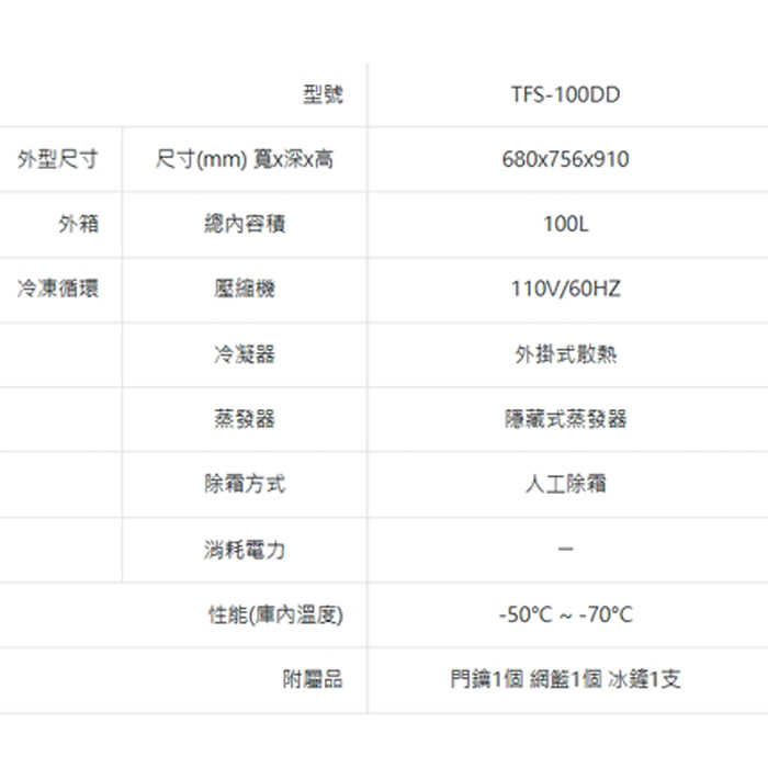 含拆箱定位+舊機回收 台灣三洋 SANLUX TFS-100DD 上掀式冷凍櫃 100L -70℃超低溫 急速冷凍