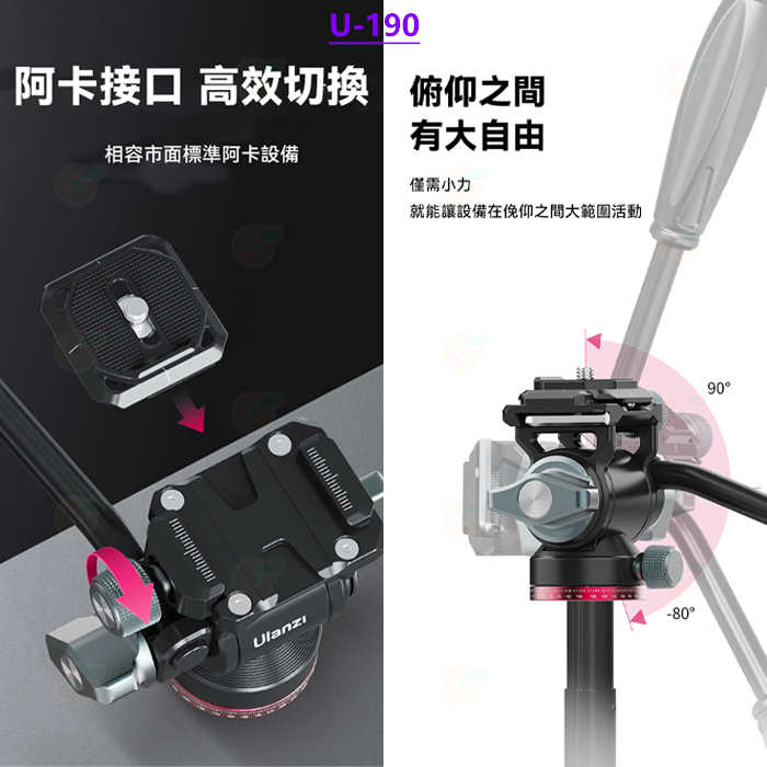 Ulanzi U190 II TT37 小型液壓雲台 半球碗座調平雲台 公司貨 可拆手柄 油壓雲台 橫豎拍 U-190