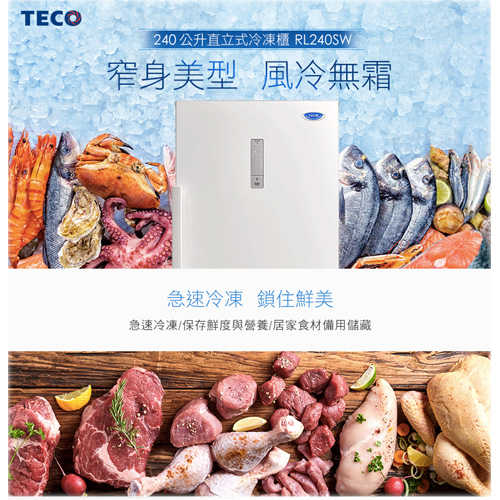 含拆箱定位+舊機回收 東元 TECO RL240SW 冷凍櫃 240L 公司貨 直立式 風冷 液晶顯示 自動除霜