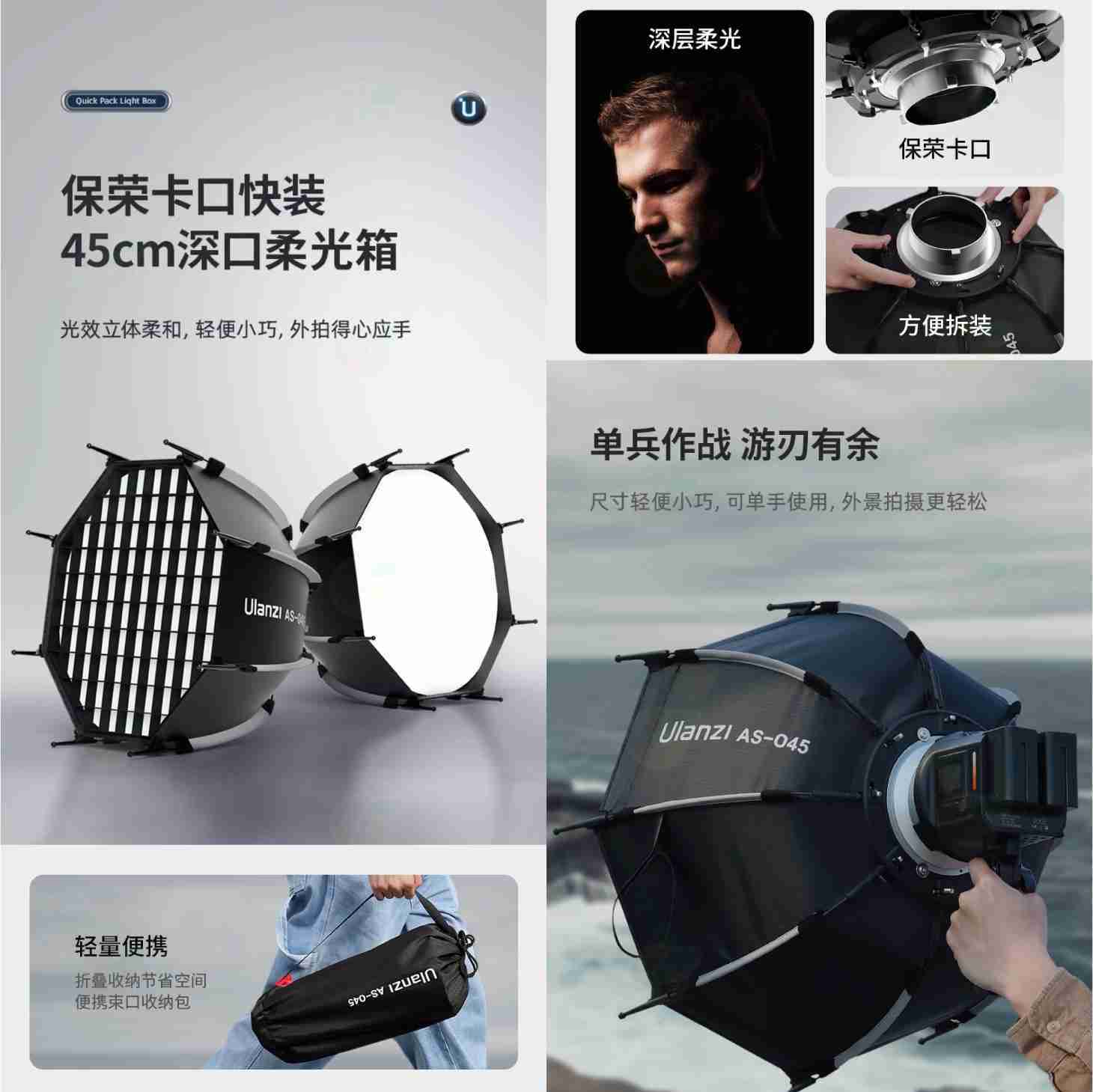 含網格 Ulanzi AS045 45cm 快裝柔光罩 公司貨 八角 深口 深拋 保榮卡口 輕巧 柔光箱 攝影燈用