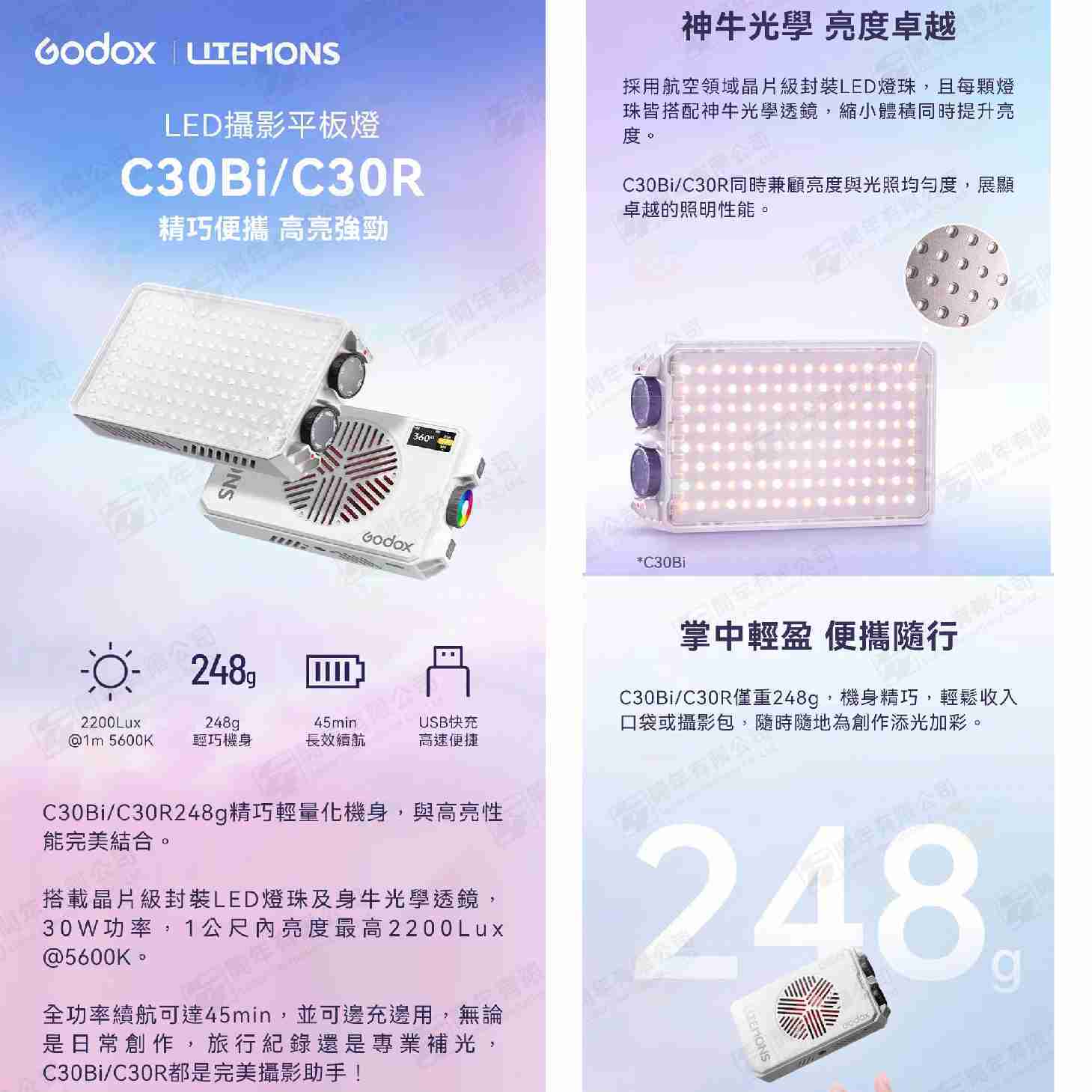 🎆 神牛 Godox Litemons C30Bi C30R LED攝影平板燈 雙色溫 RGB 口袋燈 補光燈 直播燈