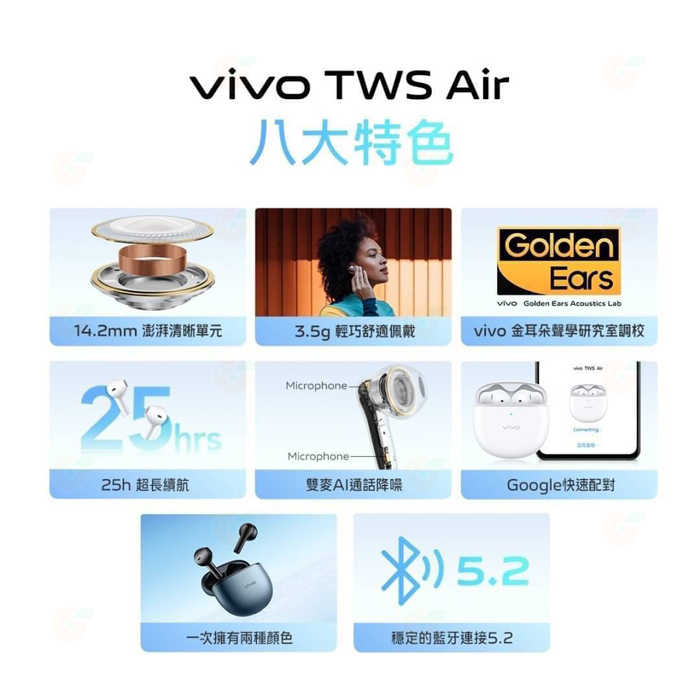 vivo TWS Air 真無線藍牙耳機 公司貨 25hr高續航 雙麥AI降噪 快速配對 耳塞式 入耳式 雲白 墨藍