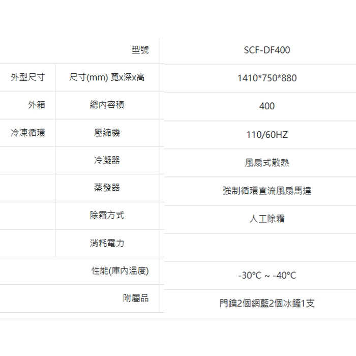 送好禮 含拆箱定位+舊機回收 台灣三洋 SANLUX SCF-DF400 上掀式冷凍櫃 400L -40℃深層低溫
