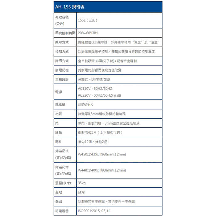 寶藏閣 PATRON AH-155 LED 數字顯示 中型電子防潮箱 155公升 5年保 適用相機 收藏 台灣製