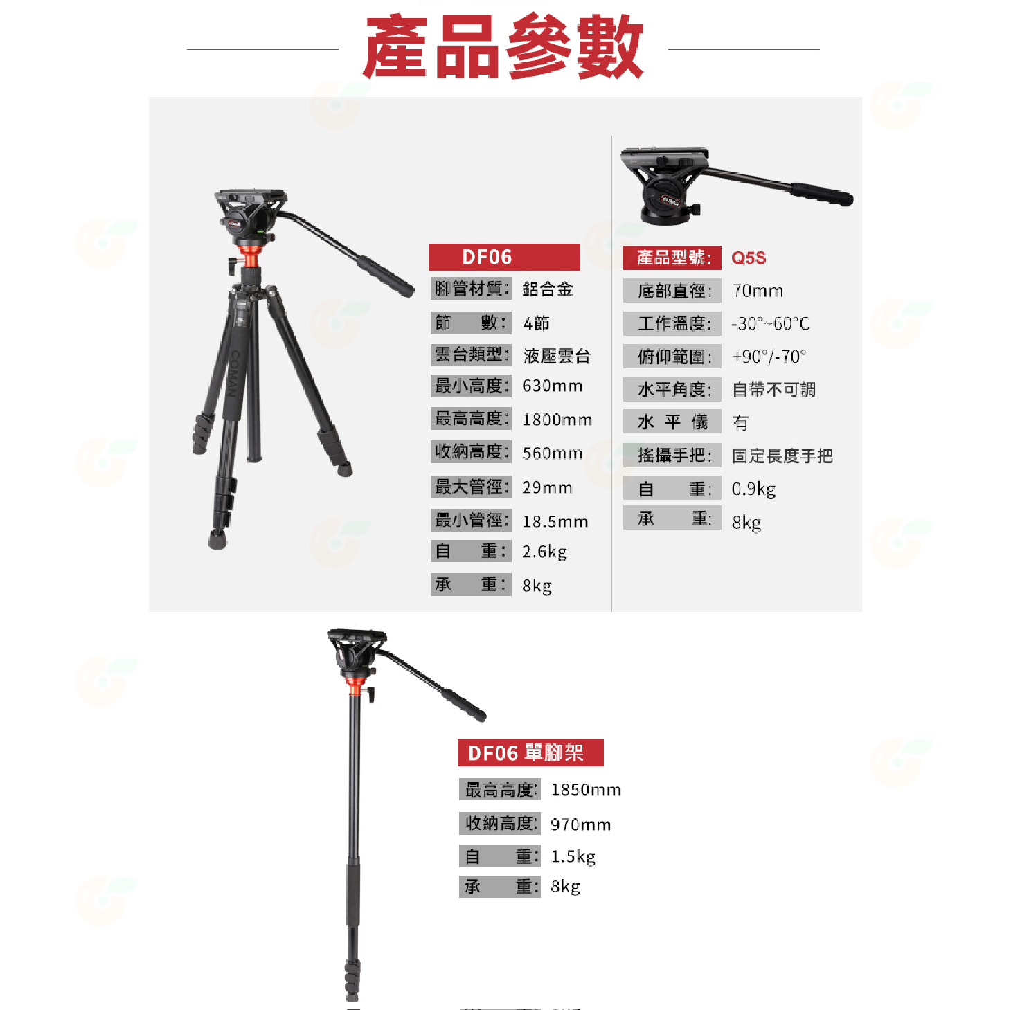 科漫 Coman DF06 Q5S DF16L Q5S 鋁合金錄影三腳架 扳扣式 承重8公斤 公司貨 附Q5油壓雲台