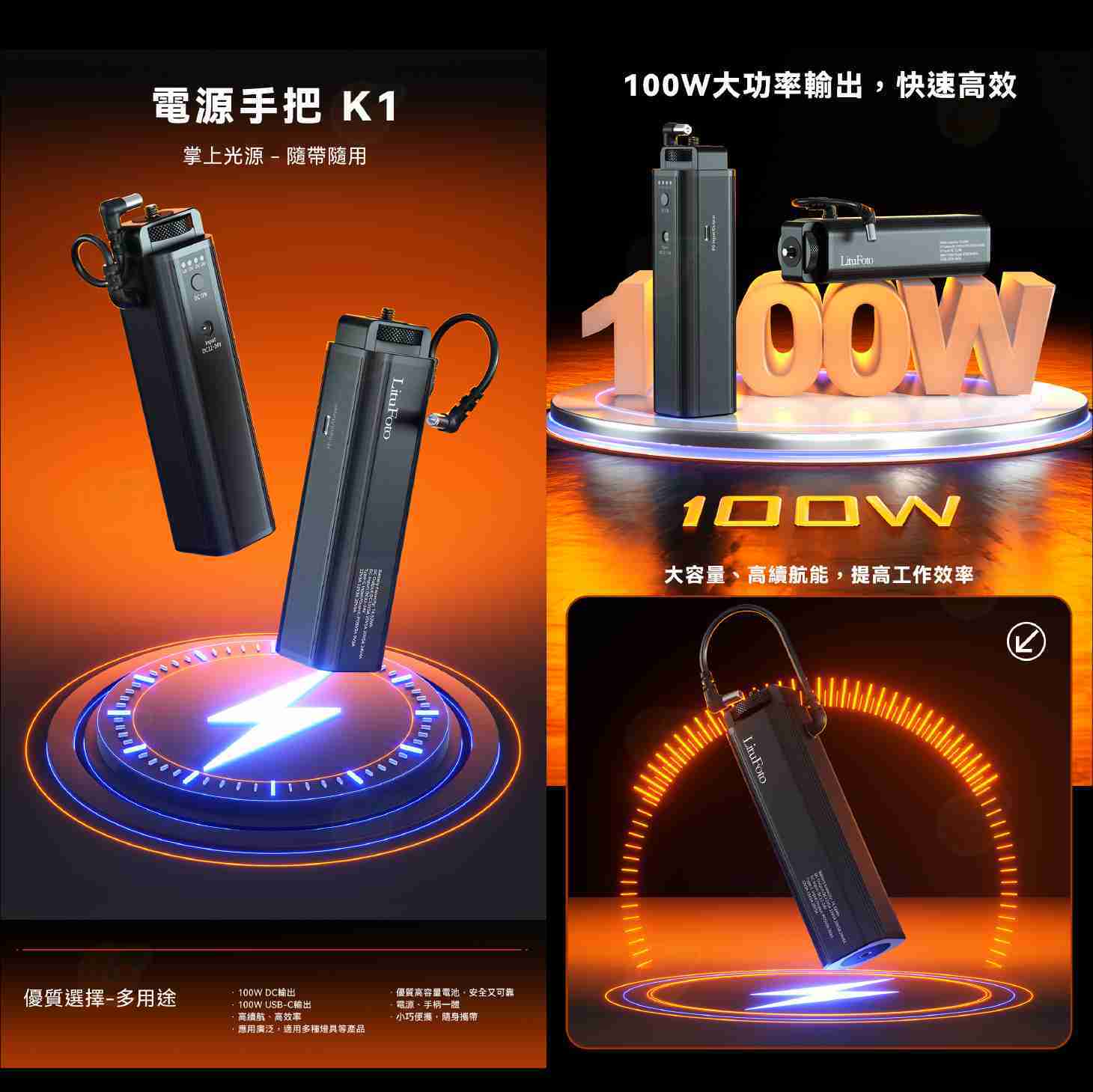 麗能 LituFoto K1 棚燈 手把 手柄 鋁合金 Type-C 適用 ML100Bi ML60IIBI