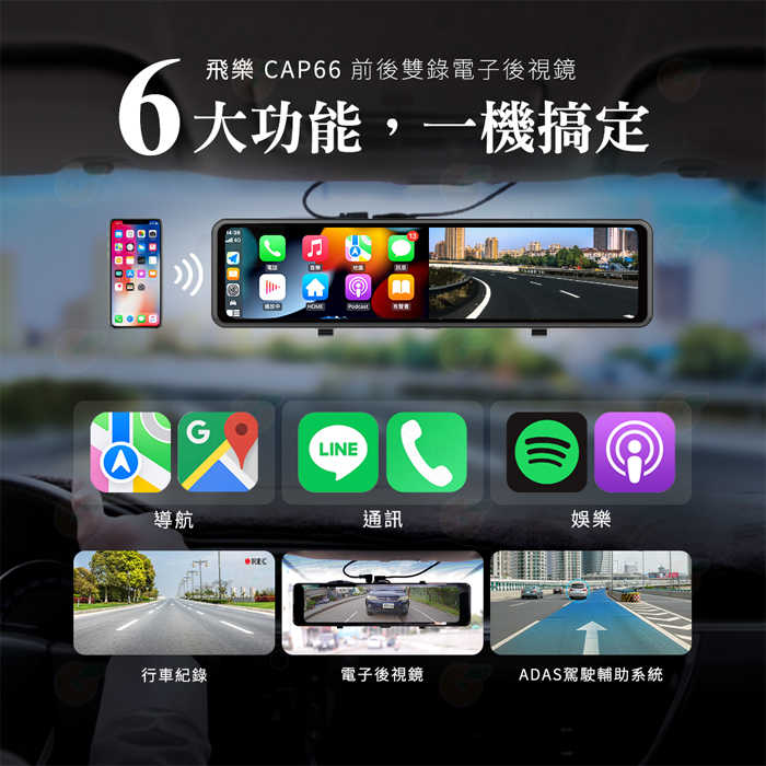 附64G 飛樂 PHILO CAP66 CarPlay Android 4k 雙鏡頭行車紀錄器 公司貨 電子後視鏡 語音