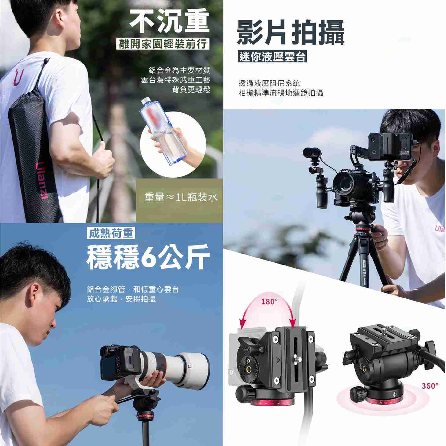 Ulanzi 3029 3030 青蔥 影 像 鋁合金腳管三腳架 球型雲台 液壓雲台 Arca快拆 中軸倒置 內建腳釘