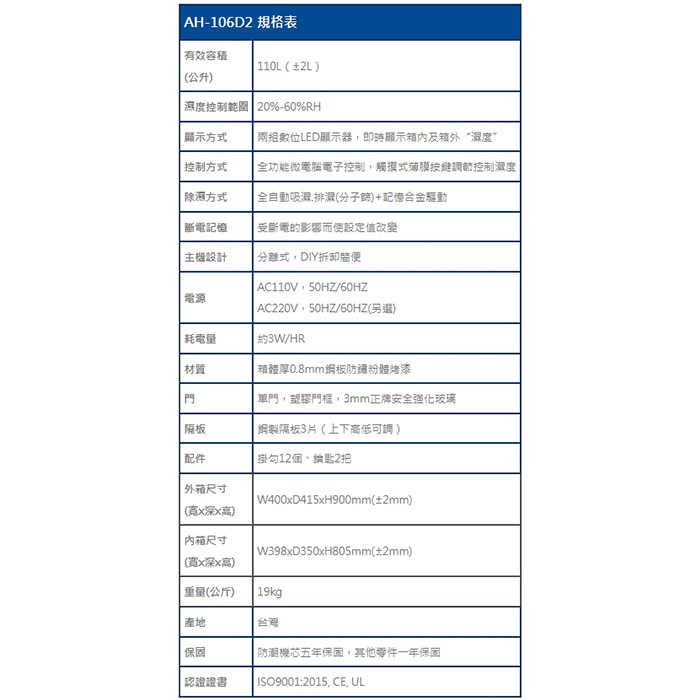 寶藏閣 PATRON AH-106D2 雙濕度 電子小型 防潮箱 110L 5年保固 適用相機 收藏 食品 書 台灣製
