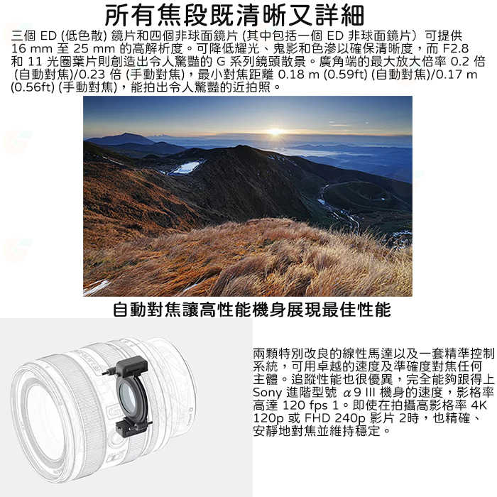 送註冊禮 SONY SEL1625G FE 16-25mm F2.8 G 大光圈廣角變焦鏡頭 公司貨 全片幅 16-25