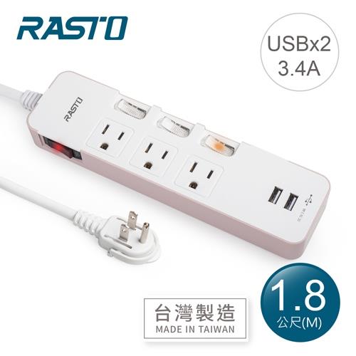 RASTO FE8 四開三插三孔二埠USB延長線 1.8M-粉原價890(省241)