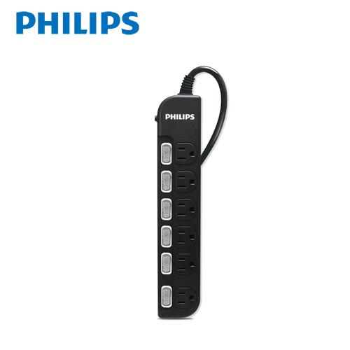 PHILIPS飛利浦 新安規過載防護型6開6插3孔延長線1.8米 黑色 CHP3460BA