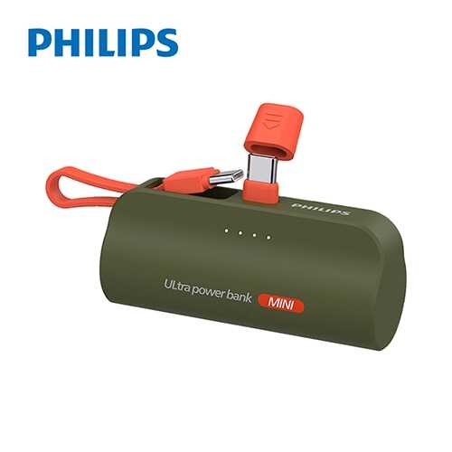 【Philips飛利浦】 Type-C直插自帶線口袋行動電源4900mAh-綠