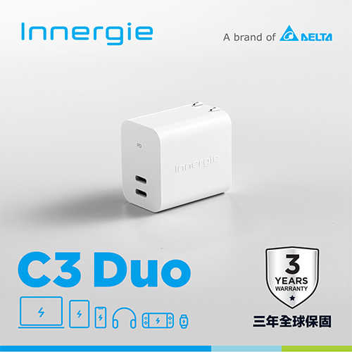 台達Innergie C3 Duo【摺疊版】30W USB-C 雙孔萬用充電器｜支援PD/QC快充原價990(省200)