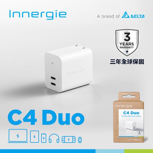 台達Innergie C4 Duo【摺疊版】45W USB-C 雙孔萬用充電器｜支援PD/QC快充