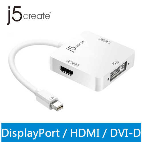 j5凱捷 JDA173 Mini DP to 4K DP + 4K HDMI + DVI三合一轉接器