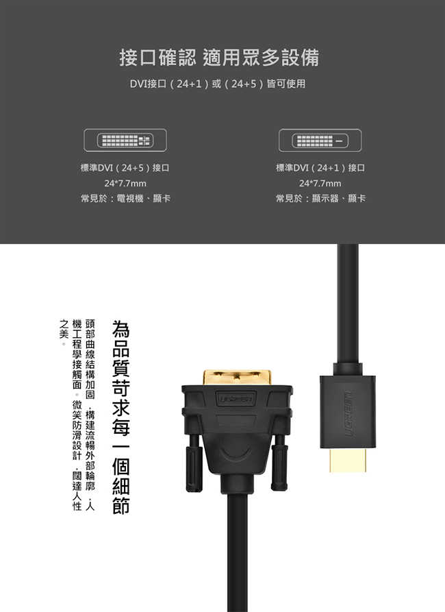 Ugreen 綠聯 1 5m雙向互轉hdmi轉dvi線 良興eclife購物網 線上購物 有閑購物