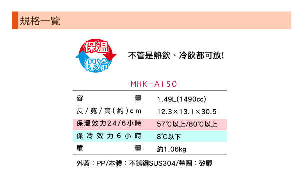 【虎牌】有開發票 公司貨 不鏽鋼保溫保冷瓶1.5L MHK-A150
