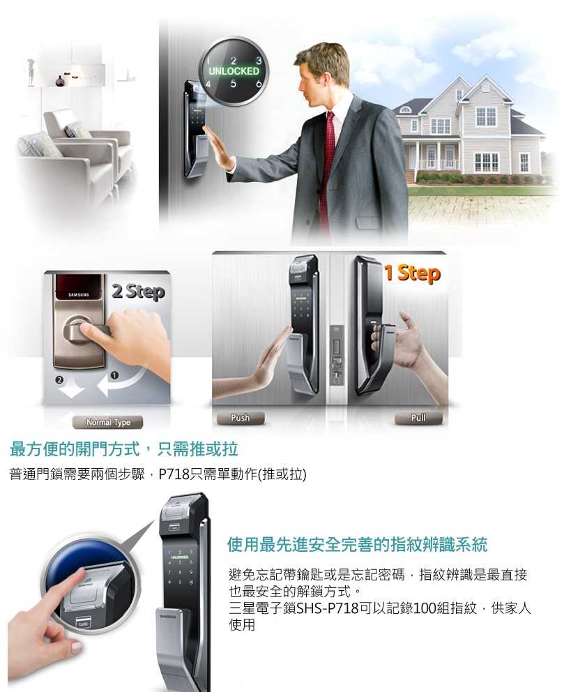三星電子鎖SHS-P718(金/銀) 指紋/密碼/感應卡/鑰匙【台灣總代理公司貨】