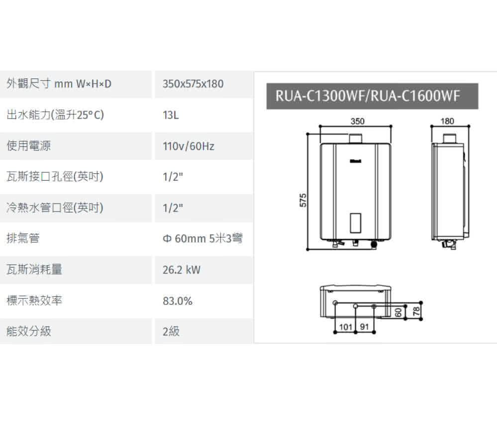 【Rinnai 林內】13公升數位恆溫強制排氣屋內型熱水器 RUA-C1300WF基本安裝